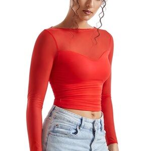 Double line mesh sheer crop top long sleeve shirt